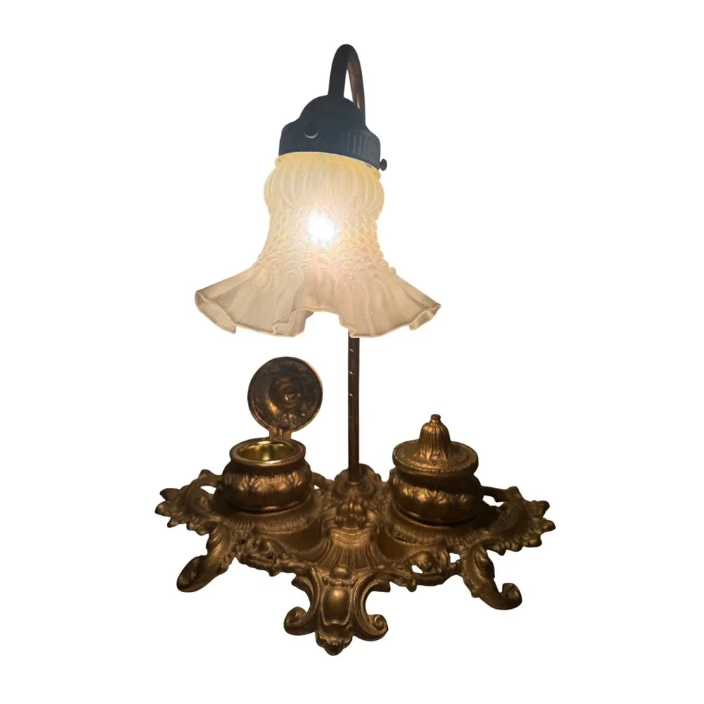 Vintage Brite Metal Ornate Brass Desk Lamp with Dual Inkwell Frosted Glass Tulip